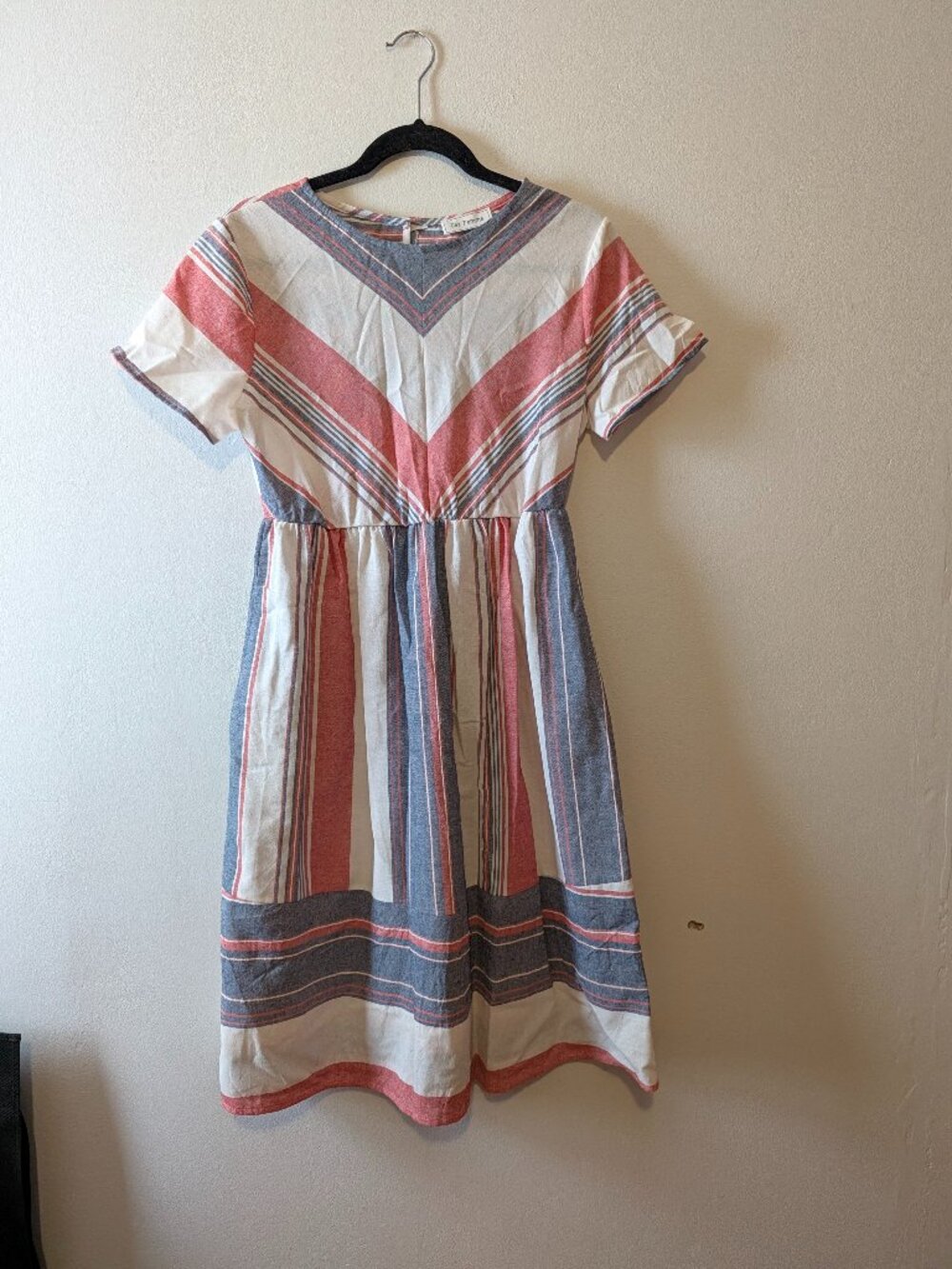 Ces Femme Striped Midi Dress Coral Blue Cream Chevron Short Sleeve S